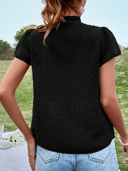 Puff Sleeves Short Sleeves Falbala Lace-Up Solid Color Blouses&Shirts Tops