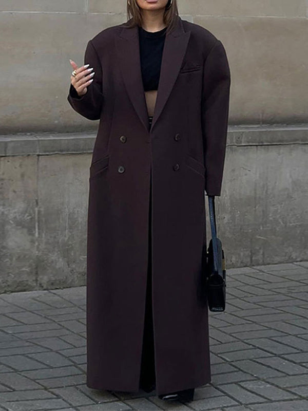 Long Sleeves Buttoned Pockets Solid Color Lapel Overcoat Suit Outerwear
