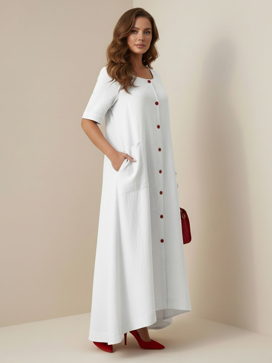 Column Loose Buttoned Contrast Color Pockets Split-Joint Square-Neck Maxi Dresses Shirt Dress