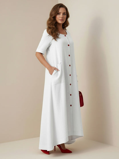 Column Loose Buttoned Contrast Color Pockets Split-Joint Square-Neck Maxi Dresses Shirt Dress