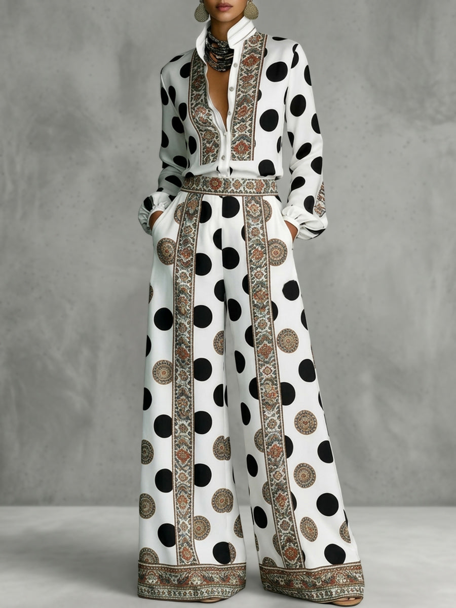 Long Sleeves Loose Buttoned Contrast Color Polka Dot Printed Stand Collar Blouses&Shirts Tops