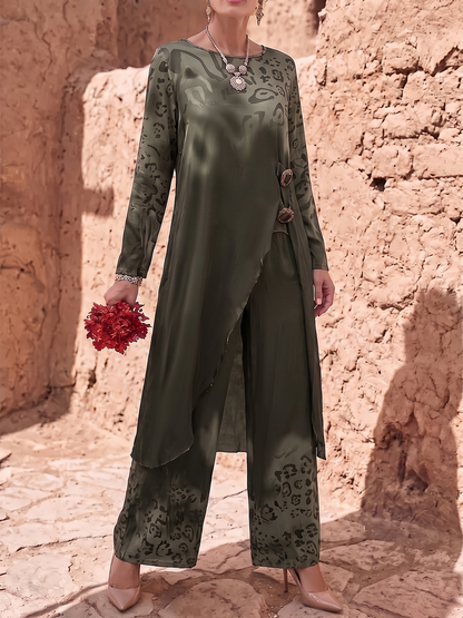 Contrast Color Leopard Printed Split-Joint Round-neck High-low Asymmetric Buttoned Blouses&shirts Tops + High Waisted Pants Trousers Two Pieces Set