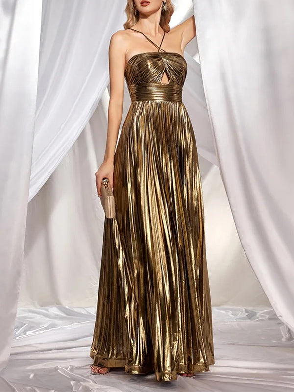 High Waisted Sleeveless Backless Hollow Pleated Shiny Solid Color Halter-Neck Maxi Dresses