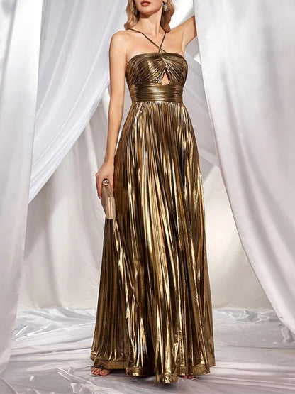 High Waisted Sleeveless Backless Hollow Pleated Shiny Solid Color Halter-Neck Maxi Dresses