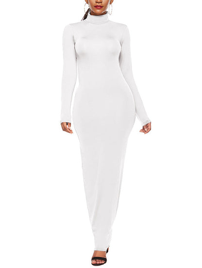Bodycon Long Sleeves Solid Color High Neck Maxi Dresses