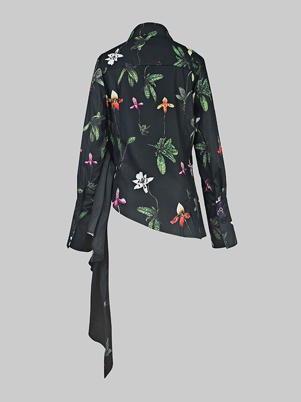 Long Sleeves Loose Asymmetric Flower Print Split-Joint Lapel Blouses&Shirts Tops