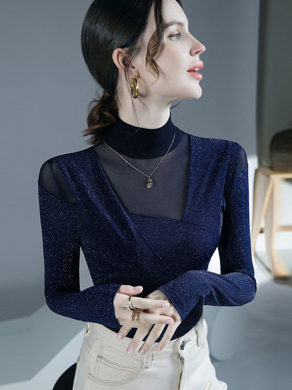 Long Sleeves Skinny Asymmetric Mesh See-Through Shiny Split-Joint Half Turtleneck Blouses&Shirts Tops