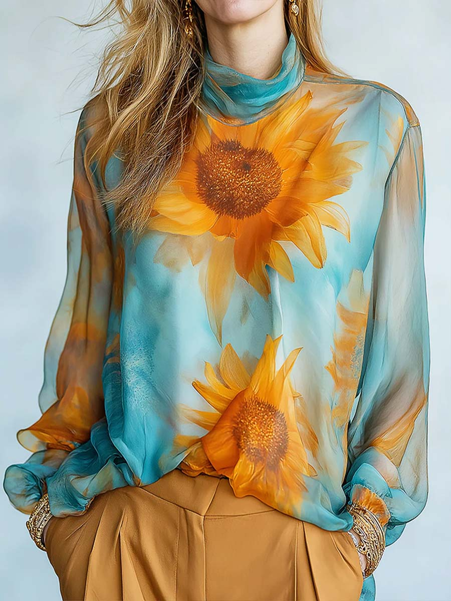 Long Sleeves Loose Contrast Color Flower Print See-Through Mock Neck Blouses&Shirts Tops