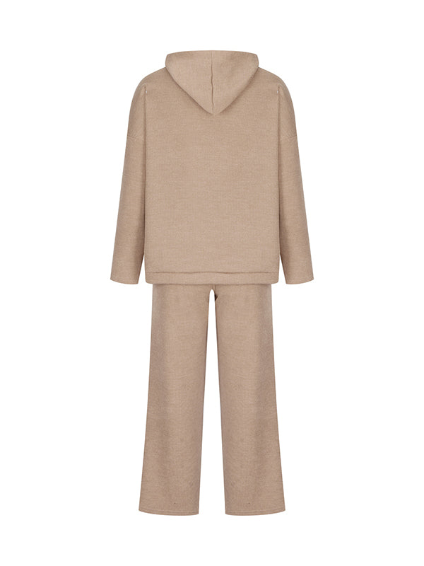 Ensemble deux pièces : pull ample à manches longues et col rond, couleur unie, avec capuche et pantalon à cordon de serrage 