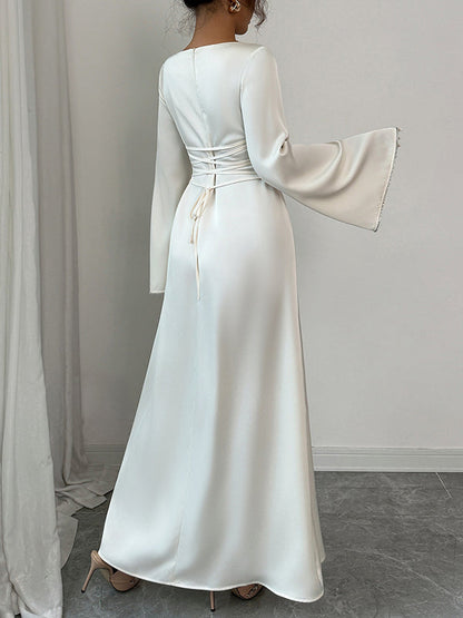 A-Line Flared Sleeves Solid Color Tied Zipper Round-Neck Maxi Dresses