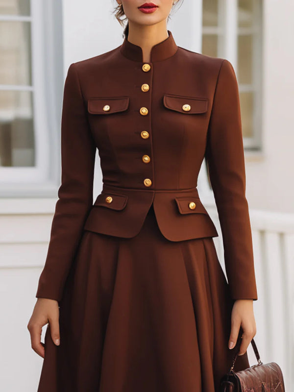 Long Sleeves Buttoned Solid Color Mock Neck Outerwear