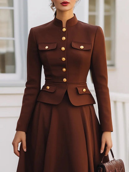 Long Sleeves Buttoned Solid Color Mock Neck Outerwear