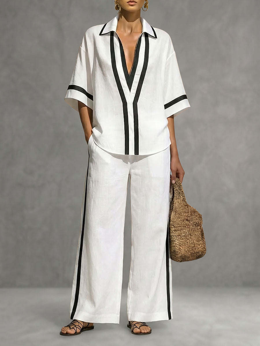 High Waisted Wide Leg Contrast Color Pockets Pants Trousers