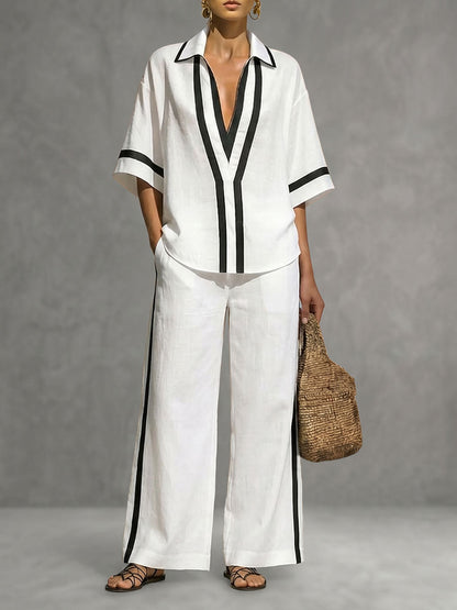 High Waisted Wide Leg Contrast Color Pockets Pants Trousers