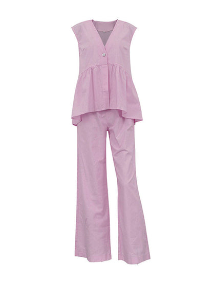 Loose Split-Joint Sleeveless Pleated V-Neck Vest + Pants Trousers Two Pieces Set