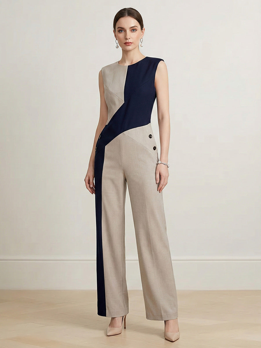 Skinny Sleeveless Asymmetric Buttoned Contrast Color Split-Joint Round-Neck Jumpsuits