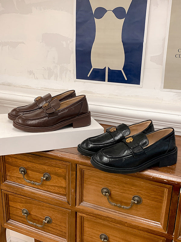Belt Buckle Round-Toe Split-Joint Loafers