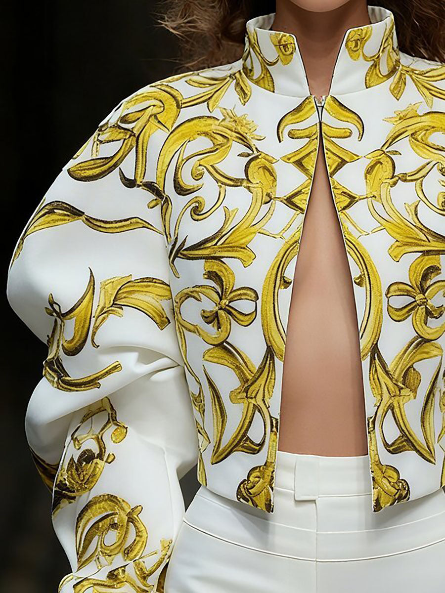 Long Sleeves Puff Sleeves Contrast Color Flower Print Split-Joint Zipper Stand Collar Outerwear