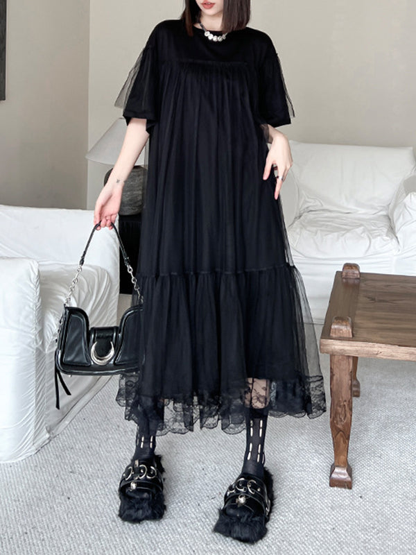 Fake Two-Piece Loose Gauze Pleated Solid Color Split-Joint Tiered Round-Neck Midi Dresses