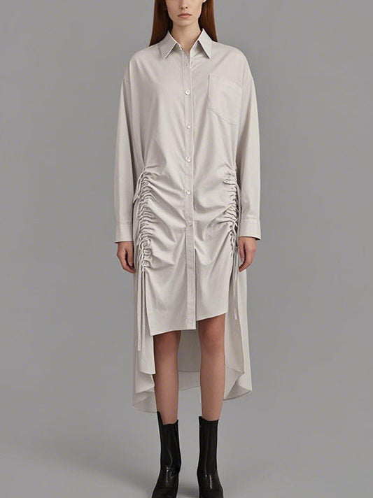 High-Low Long Sleeves Buttoned Drawstring Pleated Pockets Solid Color Lapel Midi Dresses