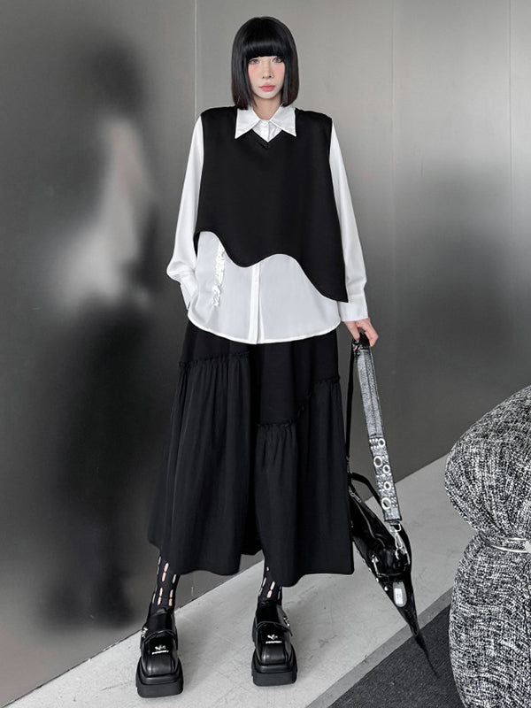 Hipster Long Sleeves Buttoned Falbala Ruffled Solid Color Split-Joint Lapel Blouses&Shirts Tops