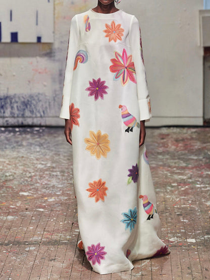 Long Sleeves Loose Flower Print Round-Neck Maxi Dresses