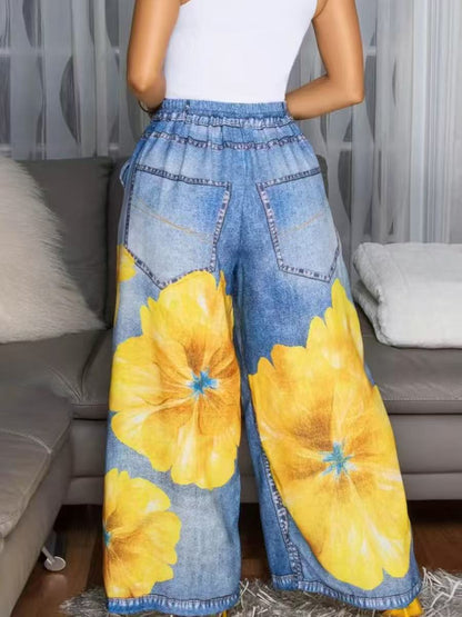 High Waisted Wide Leg Contrast Color Elasticity Flower Print Pockets Jean Pants Bottoms