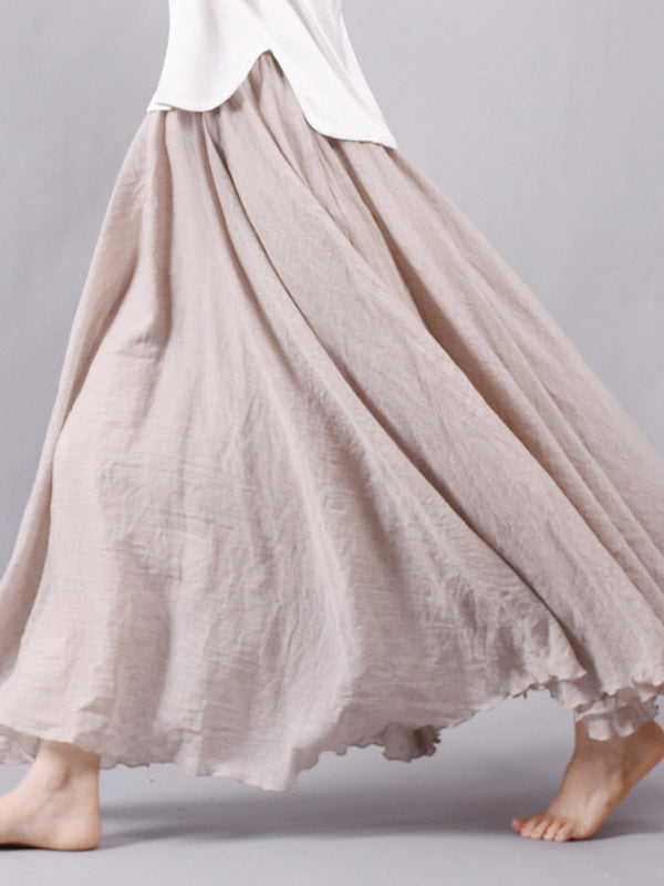 Casual A-Line Elastic Waist Solid Color Skirts CREAMY