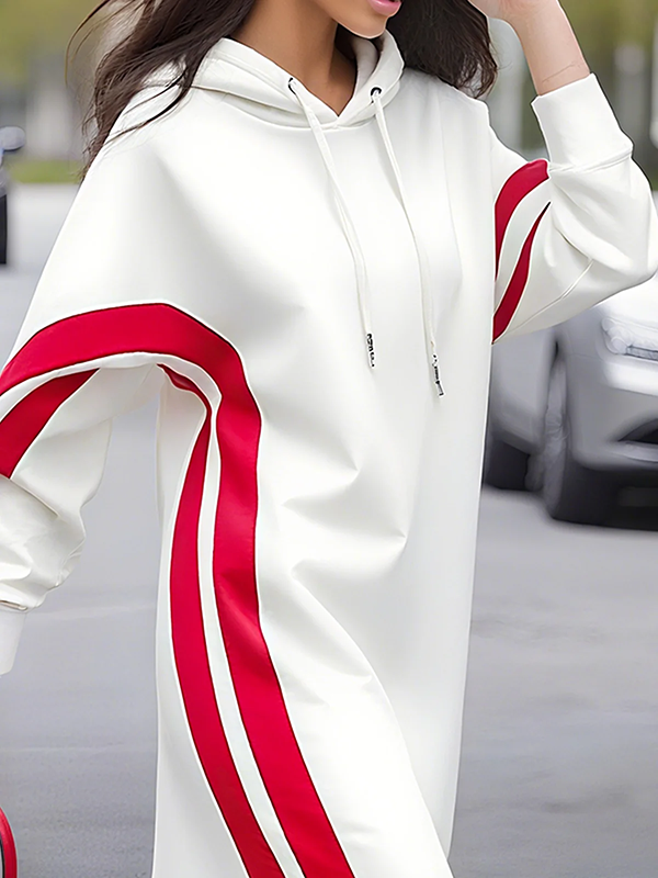 Long Sleeves Loose Drawstring Striped Hooded Hoodies&Sweatshirt Maxi Dresses