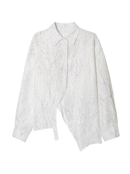 Irregularity Long Sleeves Abstract Printed Asymmetric Buttoned Wrinkled Lapel Blouses&Shirts Tops