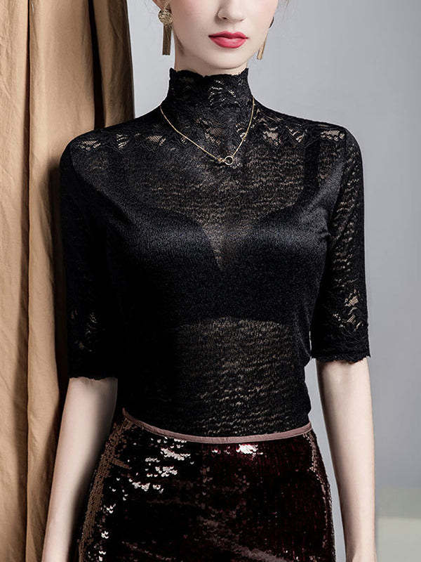 False Two Half Sleeves Slightly Sheer Split-Joint Textured High Neck T-Shirts Tops