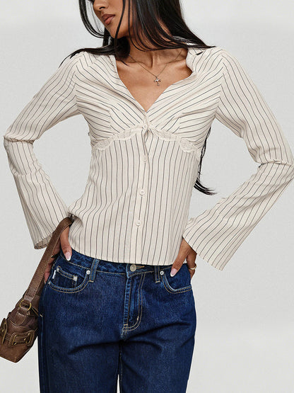 Flared Sleeves Long Sleeves Buttoned Solid Color Split-Joint Striped V-Neck Blouses&Shirts Tops