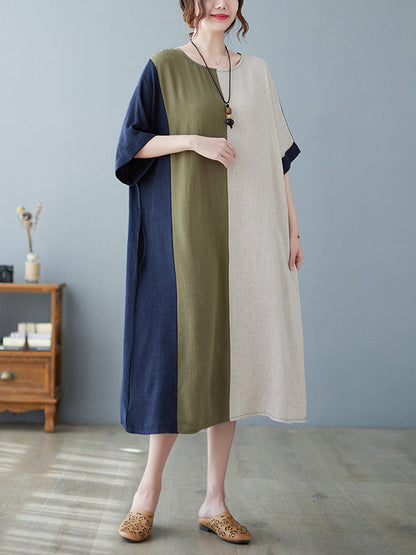 Robes mi-longues amples à manches mi-longues et col rond de couleur contrastée 