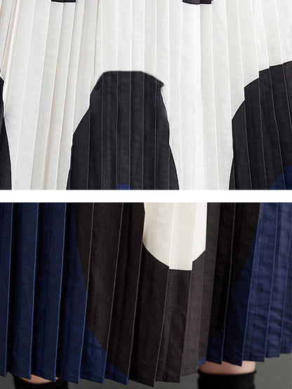 A-Linie Lange Ärmel Kontrastfarben Plisseedruck Split-Joint Polo Midikleider 