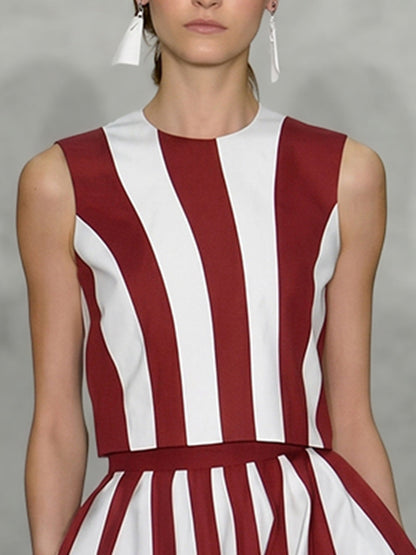 Cropped Sleeveless Contrast Color Striped Round-Neck Blouses&Shirts Tops
