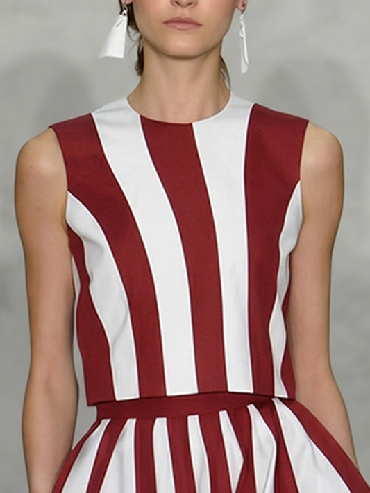 Cropped Sleeveless Contrast Color Striped Round-Neck Blouses&Shirts Tops