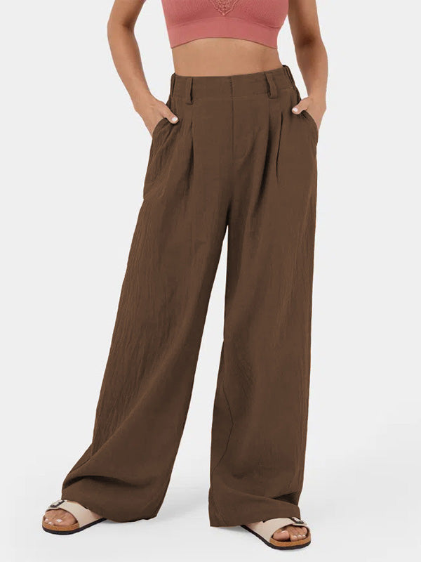 Loose Wide Leg Pleated Solid Color Split-Joint Pants Trousers DEEP BROWN