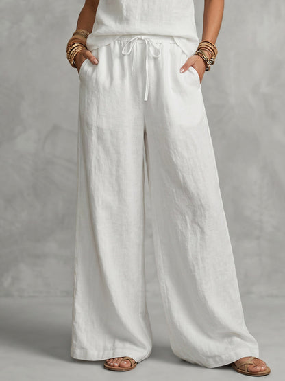 Loose Wide Leg Elasticity Pockets Solid Color Tied Pants Trousers