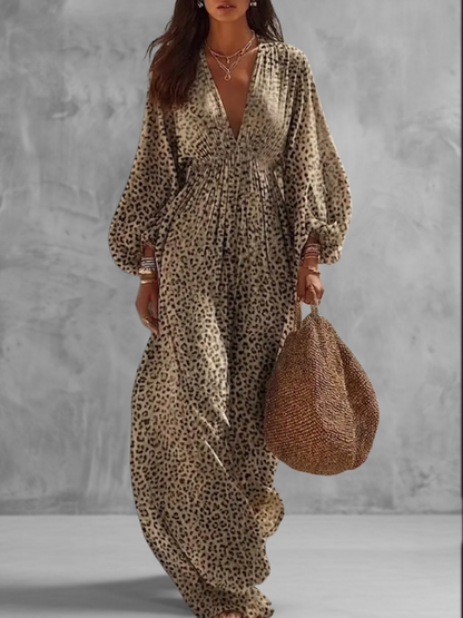 High Waisted Long Sleeves Contrast Color Elasticity Leopard Ruched V-Neck Maxi Dresses