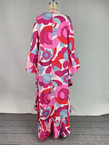 Batwing Sleeves Loose Flower Print Pleated Split-Joint Round-Neck Maxi Dresses