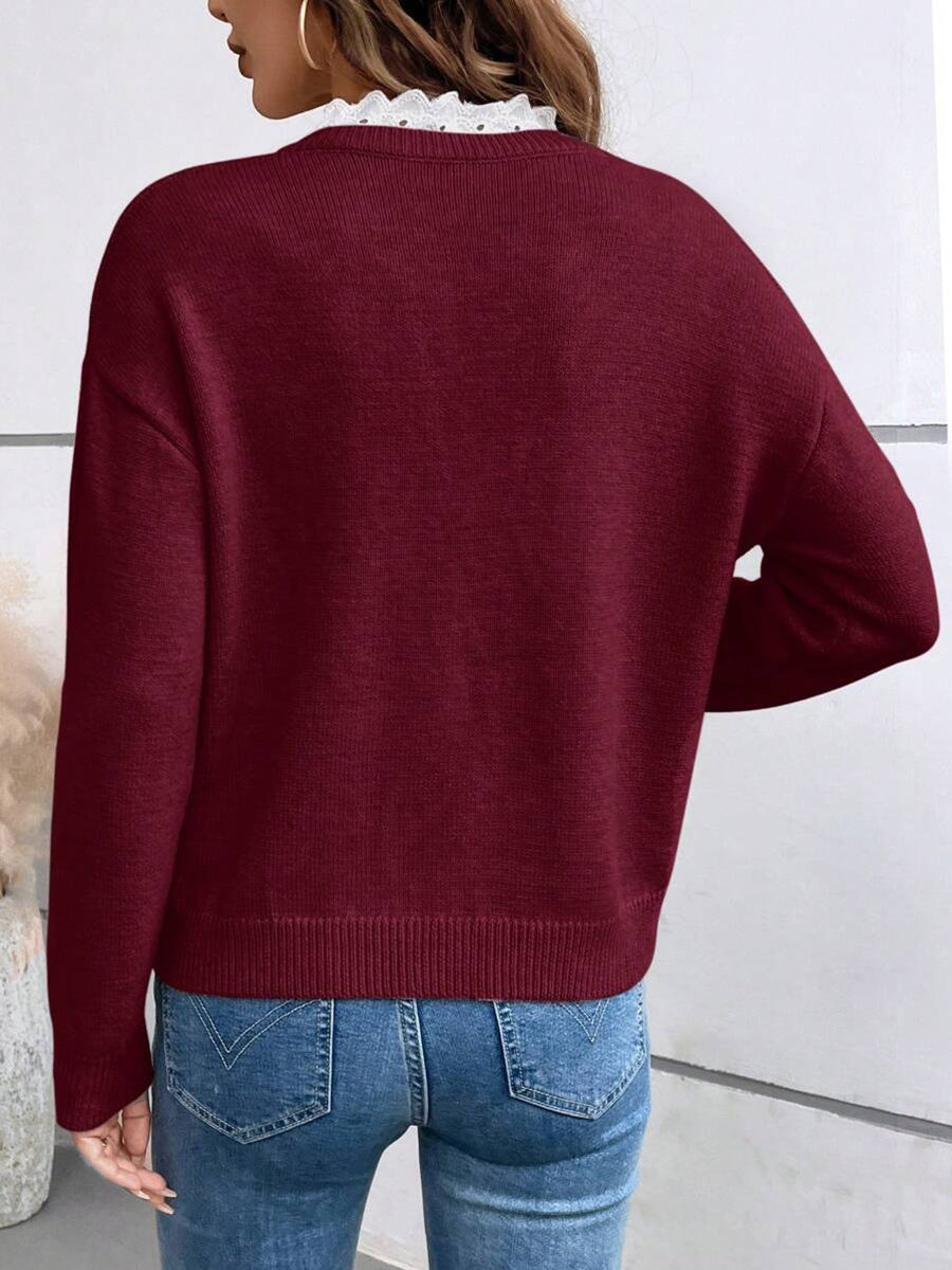 Split-Joint Ribbed Contrast Color Loose Long Sleeves V-neck Sweater