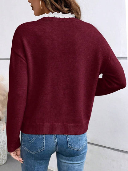 Split-Joint Ribbed Contrast Color Loose Long Sleeves V-neck Sweater