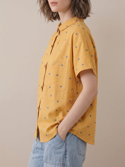 Loose Plus Size Buttoned Contrast Color Pockets Polka Dot Lapel Blouses&Shirts Tops