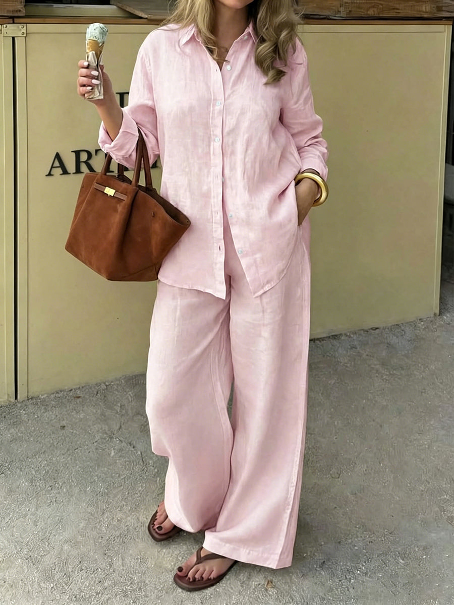 Solid Color Pockets Buttoned Plus Size Loose Lapel Two Pieces Set Trousers Pants Blouses&shirts Tops
