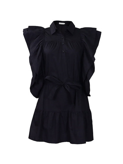 A-Line High Waisted Buttoned Pleated Ruffled Solid Color Tied Waist Lapel Mini Dresses