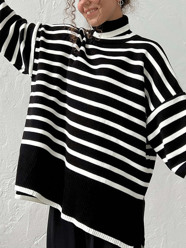 High-Low Long Sleeves Split-Joint Split-Side Striped High Neck Sweater Tops