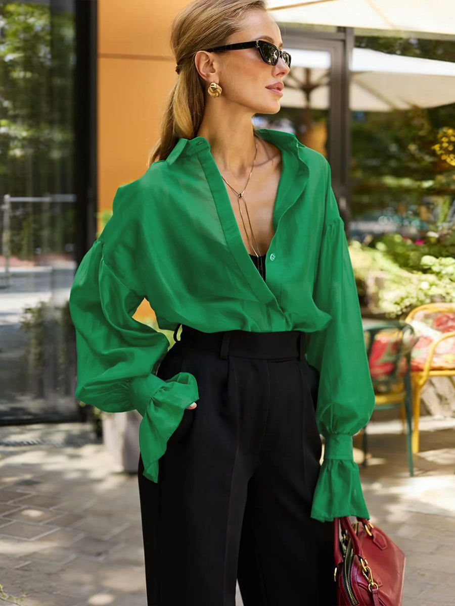 Long Sleeves Puff Sleeves Buttoned Pleated Ruffled Solid Color Split-Joint Lapel Blouses&Shirts Tops