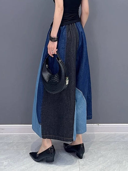 Loose Wide Leg Contrast Color Elasticity Split-Joint Jean Pants Bottoms