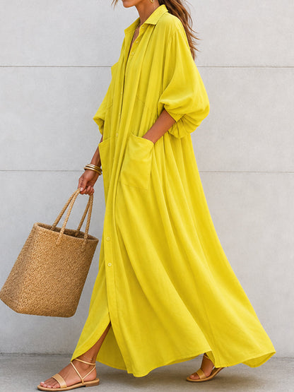 Solid Color Pockets Buttoned Puff Sleeves Half Sleeves Lapel Shirt Dress Maxi Dresses