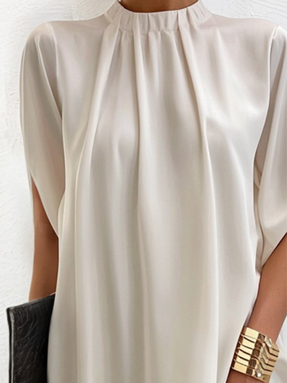 Loose Short Sleeves Solid Color Stand Collar Mini Dresses